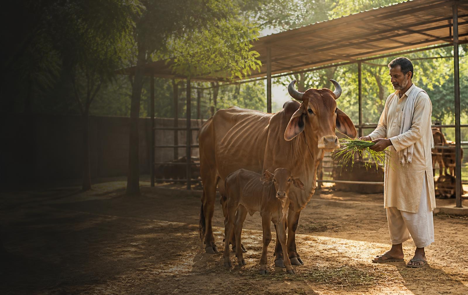 Go Raksha Dham caretaker feeding a cow and calf in a protected shelter