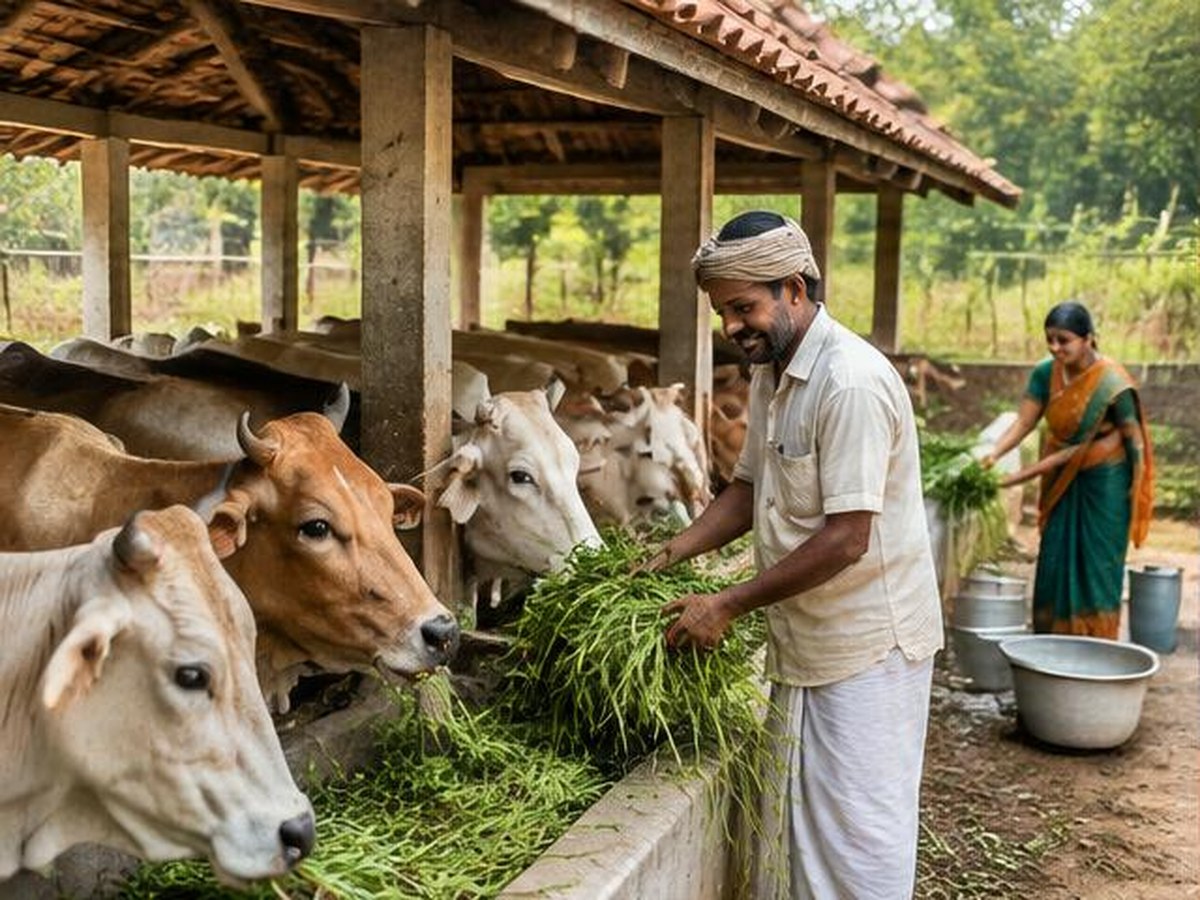 Caretakers feeding rescued cows at a rural goshala