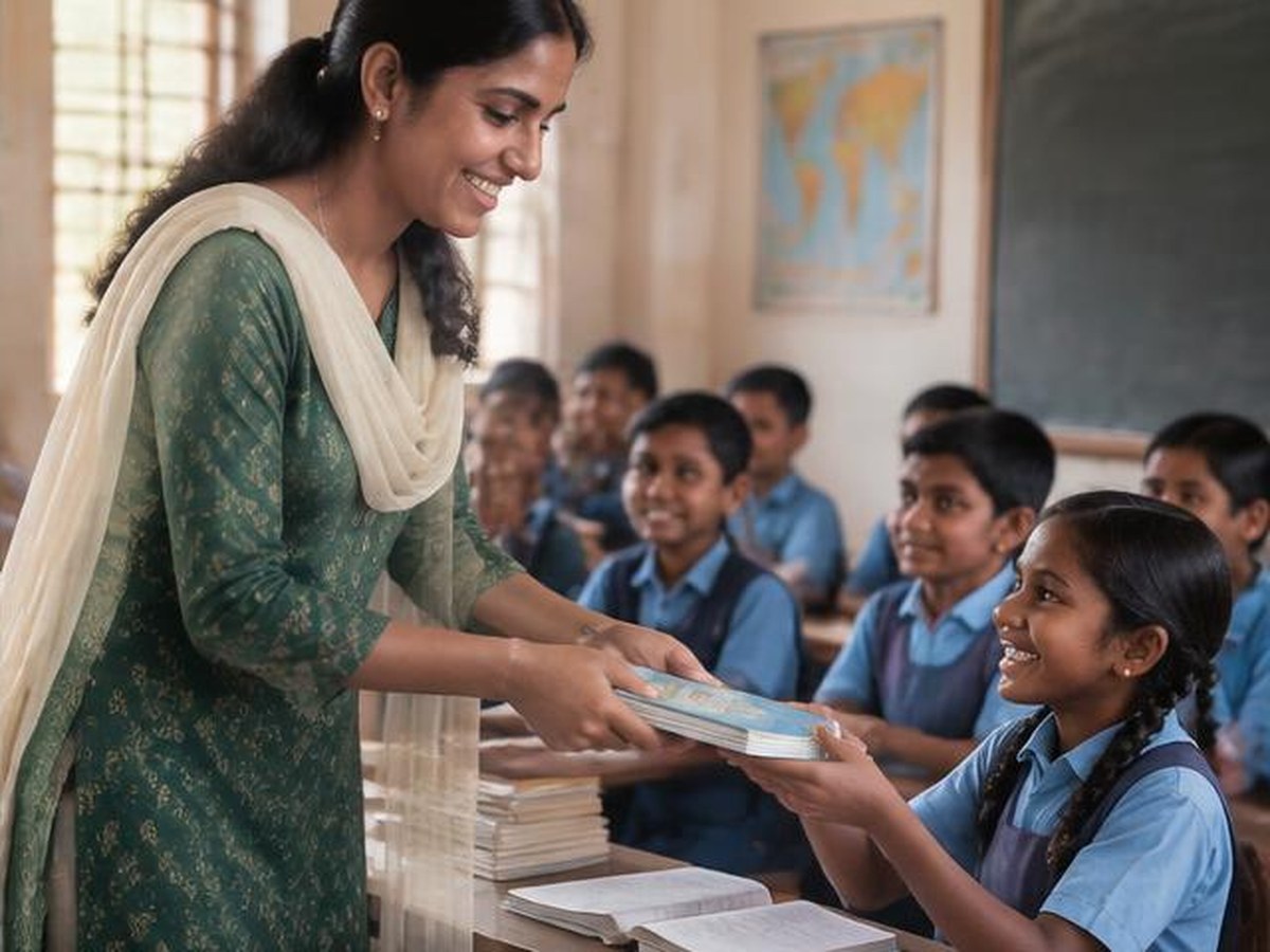 Teacher distributing books to schoolchildren