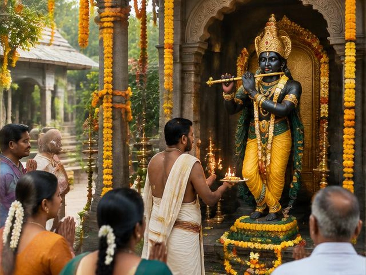 Devotees attending a morning ritual at Gopala Krishna Temple